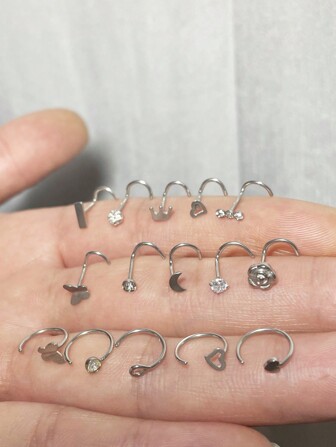 15PCS Nose Rings Set Hoop Stainless Steel Nose Studs Nose Piercing Jewelry For Women Men's Shaped Nose Screw Nose Rings Stud Body Piercing Jewelry