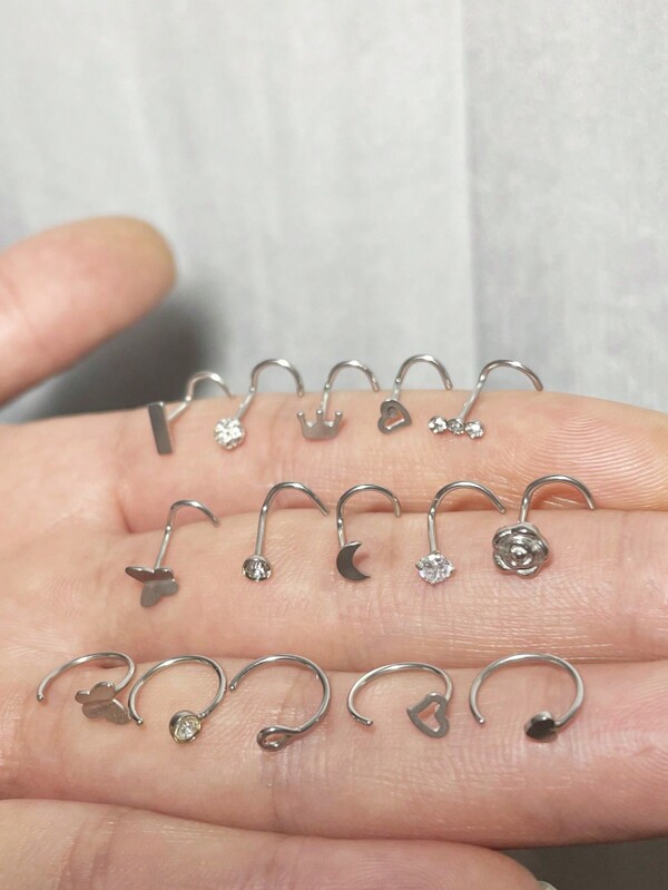 15PCS Nose Rings Set Hoop Stainless Steel Nose Studs Nose Piercing Jewelry For Women Men's Shaped Nose Screw Nose Rings Stud Body Piercing Jewelry