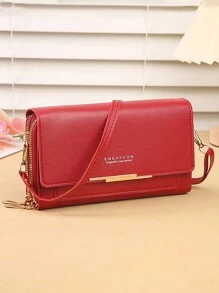 女士小号斜挎钱包多拉链金属装饰单肩包手机便携手提包轻便时尚白领上班族大学工作商务通勤办公室周年纪念情侣生日礼物情人节礼物手机钱包 - 紅色 - 查看 1