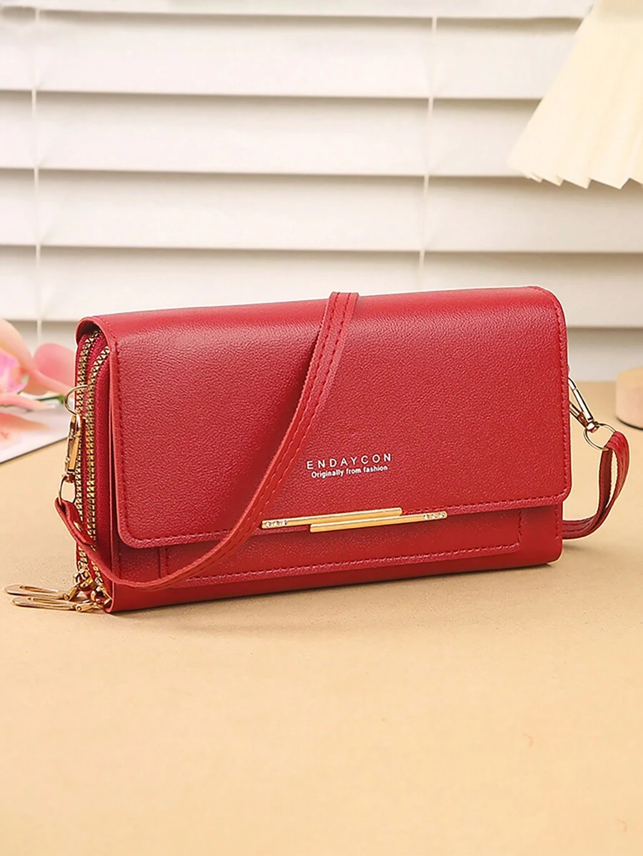 女士小号斜挎钱包多拉链金属装饰单肩包手机便携手提包轻便时尚白领上班族大学工作商务通勤办公室周年纪念情侣生日礼物情人节礼物手机钱包 - 紅色 - 查看 1