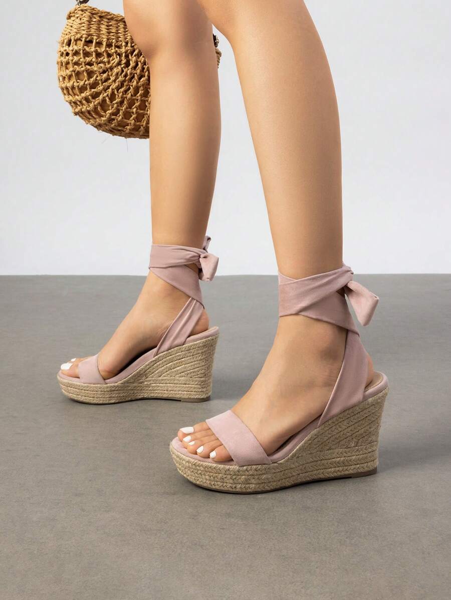 Women's Platform Wedges  Sandals Open Toe Espadrilles Tie Lace Up Cute Fashion Ankle Strap  Dressy Summer Shoes - Pink - View 1