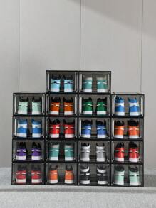 Black 2 Packs Plastic Shoe Box Stackable Shoe Container For Athletic Shoe Showcase, Space-Saving Entryway, Foldable Shoe Rack, Easy To Assemble, Side Opening Door, Fits Up To US Size 11 (Each Size: 34cm Length X 27cm Width X 27cm Height) - Black - View 4