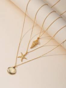 1 Set de collares minimalistas de moda con colgantes de estrella de mar, concha y caracol, adecuado para uso diario, salidas, viajes a la playa, vacaciones, regalo para la novia