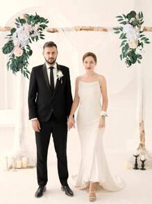 3Pcs/Set Artificial Eucalyptus Willow Garland With Flowers 1Pc 6FT With Wedding Arch Flowers Floral 2Pcs Swag Arrangements, Wedding Table Garland With Flowers Handcrafted Wedding Centerpieces Table Runner Swag For Rehearsal Dinner Bridal Shower Outdoor Decor - 白色 - 查看 5