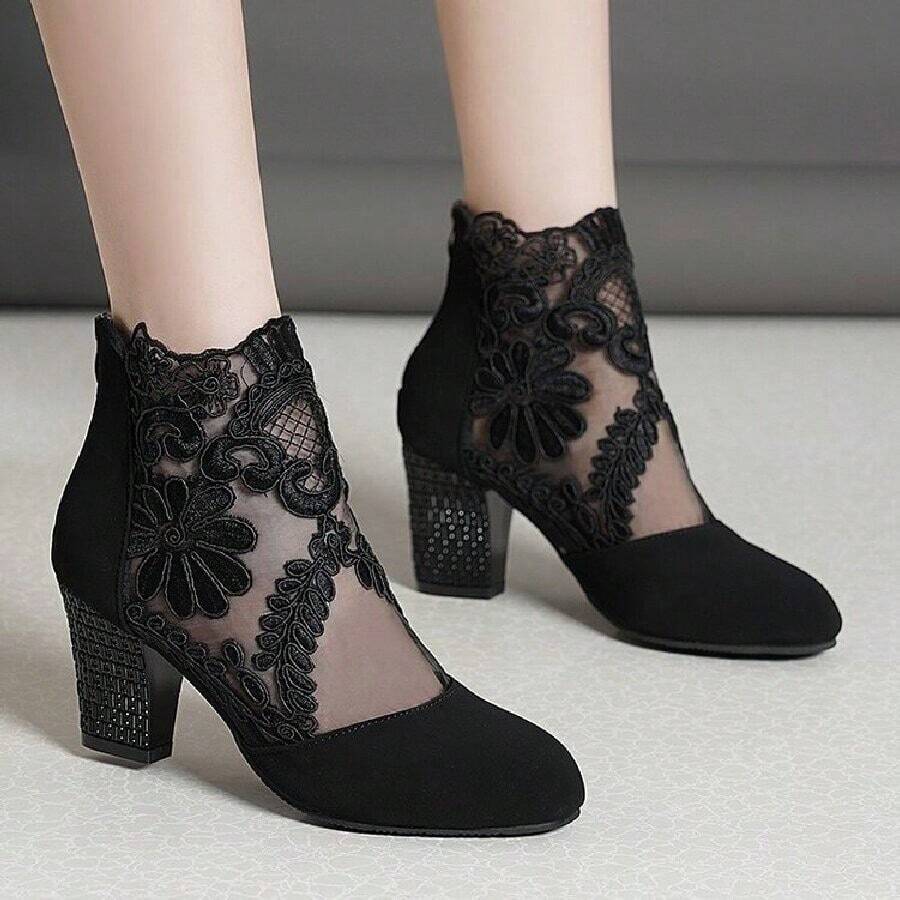 Giày Cao Gót Peep Toe Chống Thấm Nước Với Lưới Ren Sheer Thiết Kế Thoáng Khí Cho Nữ, Mùa Hè 2024 Giày Cao Gót La Mã Chunky - màu đen - Xem 1