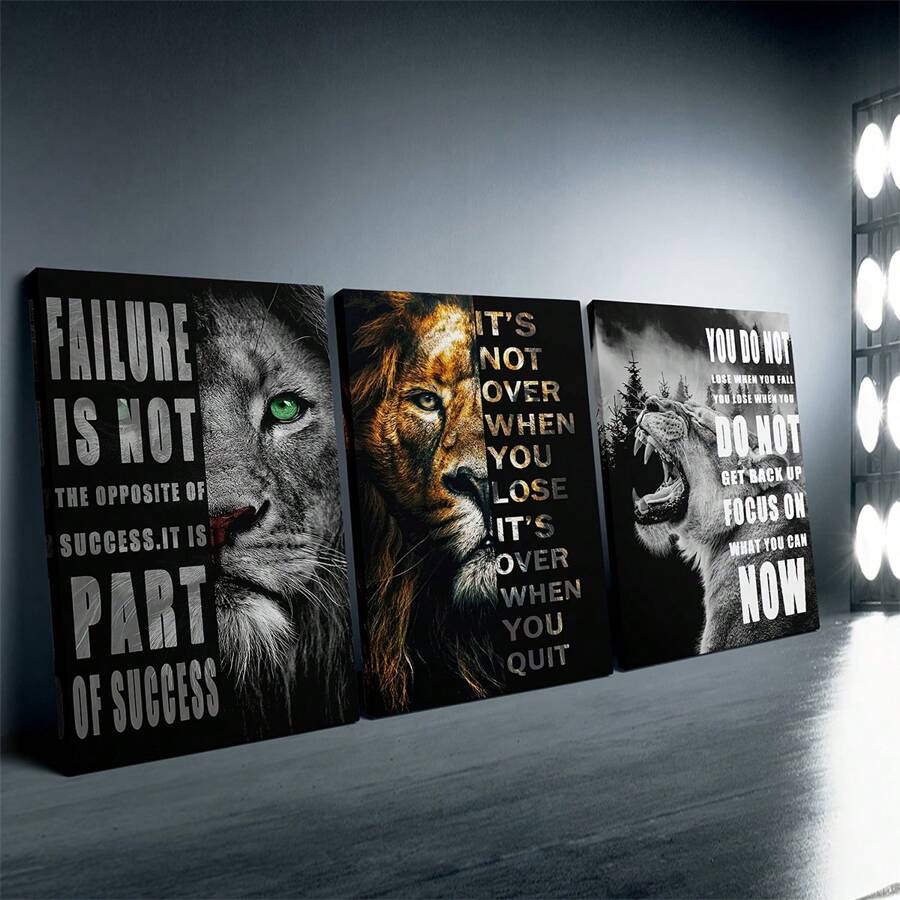 3 件/套木质相框帆布海报，现代艺术，狮子励志名言帆布办公室海报，卧室客厅走廊的理想礼物，墙壁艺术，墙壁装饰，冬季装饰，墙壁装饰，房间装饰，墙壁海报墙壁艺术装饰壁画，家居装饰，海报艺术 - 彩色 - 查看 1