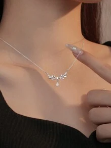 BALMORA 1件高檔s925純銀橄欖枝、月桂葉形項鍊,鑲有水滴形鋯石細節,女性鎖骨鍊禮物配飾 - 銀色 - 查看 2