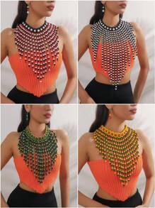 3pcs/Set Multilayer Beaded Design Woman Necklace With , Retro, Vacation Style