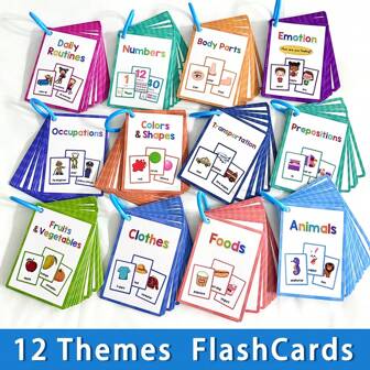 Lachilly 12 Themes Colors Shape Fruits Emotions Feeling Flashcards Kids English Words Learning Flash Cards Pocket Flashcards Montessori Early Educational Toys Classroom Supplies