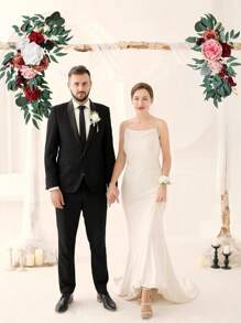 3Pcs/Set Artificial Eucalyptus Willow Garland With Flowers 1Pc 6FT With Wedding Arch Flowers Floral 2Pcs Swag Arrangements, Wedding Table Garland With Flowers Handcrafted Wedding Centerpieces Table Runner Swag For Rehearsal Dinner Bridal Shower Outdoor Decor - 紅色 - 查看 3