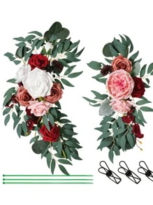 3Pcs/Set Artificial Eucalyptus Willow Garland With Flowers 1Pc 6FT With Wedding Arch Flowers Floral 2Pcs Swag Arrangements, Wedding Table Garland With Flowers Handcrafted Wedding Centerpieces Table Runner Swag For Rehearsal Dinner Bridal Shower Outdoor Decor - 紅色 - 查看 6