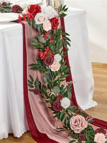 3Pcs/Set Artificial Eucalyptus Willow Garland With Flowers 1Pc 6FT With Wedding Arch Flowers Floral 2Pcs Swag Arrangements, Wedding Table Garland With Flowers Handcrafted Wedding Centerpieces Table Runner Swag For Rehearsal Dinner Bridal Shower Outdoor Decor - 紅色 - 查看 2