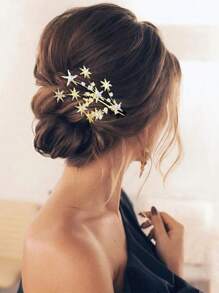 2 piezas Horquillas de metal plateado en forma de estrella hueca de cinco puntas con diamantes de imitación, pasadores de pelo elegantes con forma geométrica, accesorios de moda para el cabello de mujer y niña, Accesorio de tocado dorado con pinzas