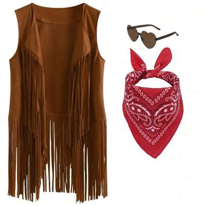 西部牛仔女郎服装套装，包含流苏背心、心形太阳镜和头巾，适合夏季乡村音乐会、舞会和万圣节等场合。