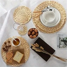 1pc Hand-Woven Water Gourd Straw Round Placemat For Dining Table, Heat Insulation, Anti-Scalding, Drainage Cushion For Cups And Bowls Camping - Apricot - View 12