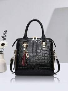 PLANEE Bộ 2 túi da giả thời trang và thanh lịch dành cho nữ: Túi đeo chéo họa tiết cá sấu và túi xách, Khóa từ, Trang trí tua rua, Bộ cặp đi học, Di động, Cổ điển thường ngày, Thường ngày công sở, Dành cho nữ sinh viên đại học, Nhân viên văn phòng, Đại học, Hoàn hảo cho văn phòng, Trường tiểu học, Quà tặng Ngày của Mẹ tuyệt vời nhất từ trước đến nay - màu đen - Xem 5