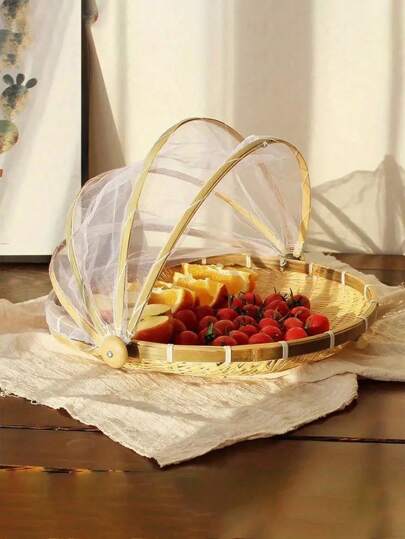 1pc Bamboo Product Insect-Proof Cover Basket For Sun-Drying, Farming, Sifting, Storage, Bread, Fruit With Net