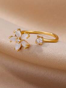 1Pc Exquisite Cubic Zirconia &Cat's Eye Stone Flower Open Adjustable Ring, Suit For Women Daily Decoration Valentines - 1 - View 3
