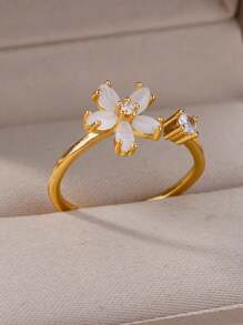 1Pc Exquisite Cubic Zirconia &Cat's Eye Stone Flower Open Adjustable Ring, Suit For Women Daily Decoration Valentines - 1 - View 2