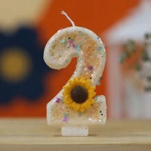 1 pieza Vela decorativa de pastel hecha a mano Vela en forma de dígitos del 0 al 9 Vela de cumpleaños Velas con decoración de flores girasoles para crear ambiente, Navidad