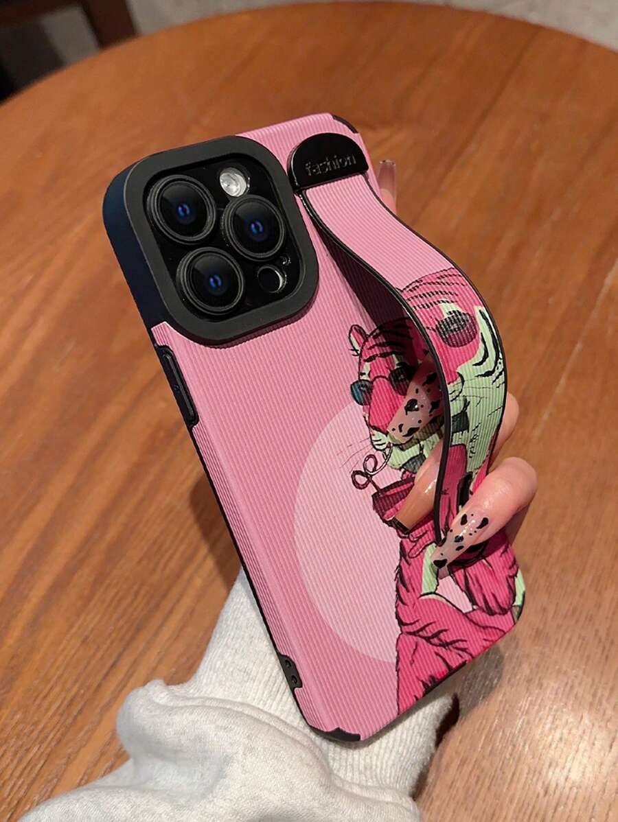 Funda de teléfono con correa 1 pieza con patrón de leopardo rosa, funda protectora de PU pintada anticaída compatible con iPhone - Multicolor - Ver 1