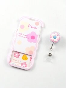 Süßer Cartoon rosa Blume einziehbarer Badge Aufroller mit Zugangskarte, Krankenhausausweis Länge 50cm, Foto ID Abdeckung, Ausweishalter, Kartenetui, Geschäftskartenhalter, Kreditkartenhalter, Ausweishalter, Damen