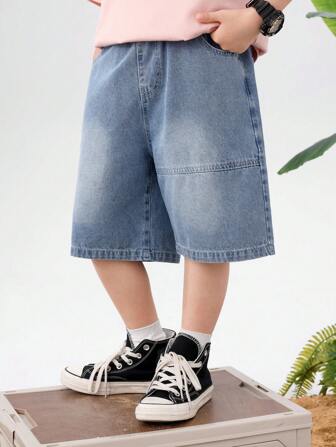 年輕男孩牛仔短褲，夏季休閒中長褲，2024年新款男童百慕大短褲，時尚