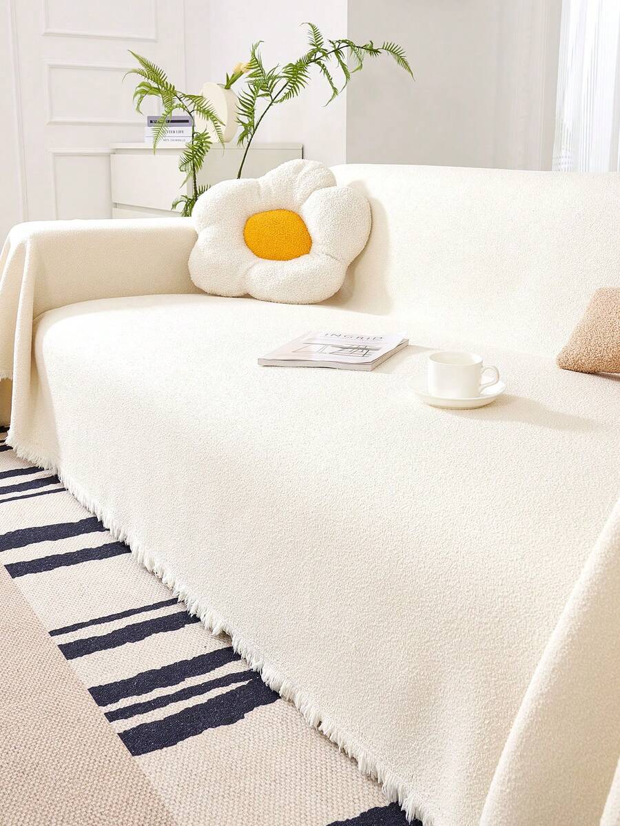 1pc Solid Color Anti-Stain Sofa Cover, Teddy Fleece Fabric Cream Color Rectangle Shape Sofa Throw, Perfect For Living Room Home Decor - Wangyou Sofa Cover-milk White (Waterproof) - View 1
