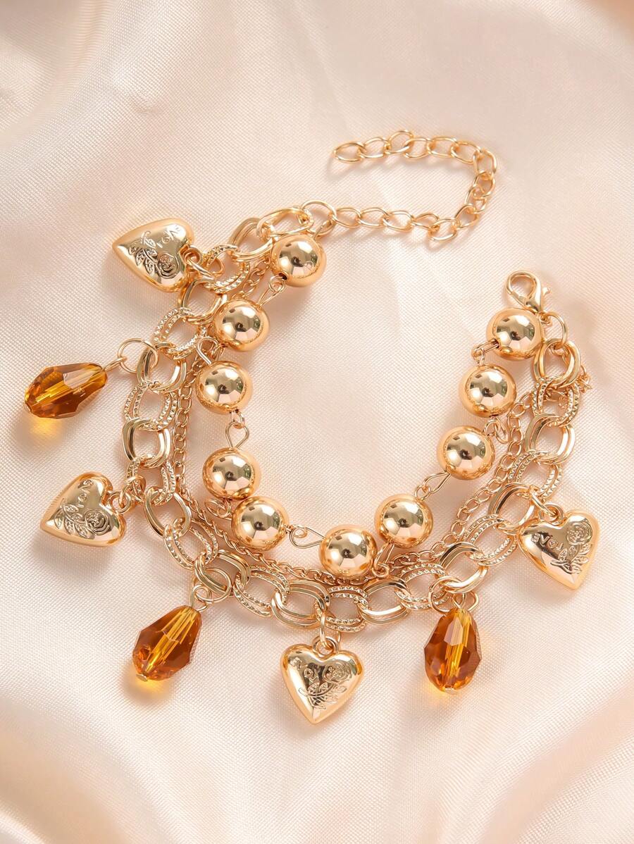 1pc Heart Shaped Sphere & Gold-Colored Chain Women's Bracelet, & Personalized Daily Wear - Multicolor - View 1