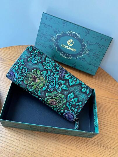 Vintage Carved Fashionable Elegant Leather Floral With Multiple Card Slots Phone Holder Coin Pouch Random Color For Women Wallet Purse Wallet Long Wallet