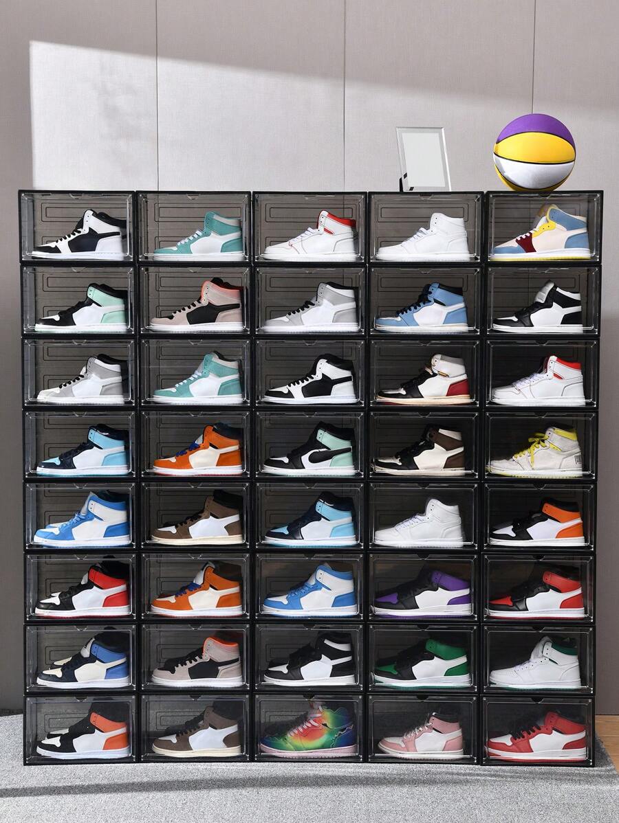 Black 2 Packs Plastic Shoe Box Stackable Shoe Container For Athletic Shoe Showcase, Space-Saving Entryway, Foldable Shoe Rack, Easy To Assemble, Side Opening Door, Fits Up To US Size 11 (Each Size: 34cm Length X 27cm Width X 27cm Height) - Black - View 1