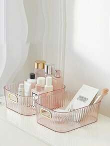 1pc Clear Desk Storage Box, Modern PET Double Handle Design Desktop Storage Basket For Home - Baby Pink - View 3