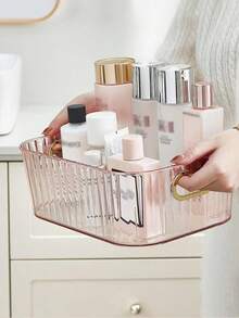 1pc Clear Desk Storage Box, Modern PET Double Handle Design Desktop Storage Basket For Home - Baby Pink - View 4