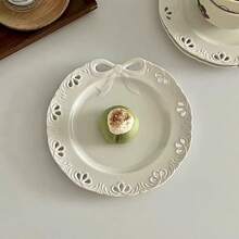 法式小众蝴蝶结浮雕陶瓷盘甜品蛋糕西餐盘好看水果沙拉盘家用平盘精美圣诞礼物 - 白色 - 查看 1