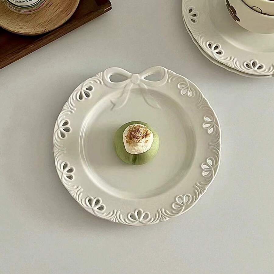 法式小众蝴蝶结浮雕陶瓷盘甜品蛋糕西餐盘好看水果沙拉盘家用平盘精美圣诞礼物 - 白色 - 查看 1