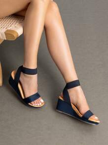 Women's Black Slip On Open Toe Elastic Ankle Strap Platform Comfortable Commuting  Wedge Sandals - Navy Blue - View 3