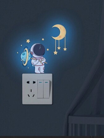 1-5pcs Glow In The Dark Astronaut, Star & Moon Switch Stickers, Self-Adhesive Wall Decals For Living Room & Bedroom