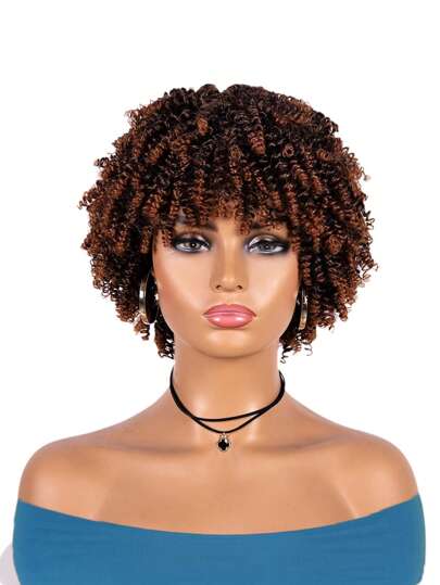 Afro Peruk Korta lockiga peruker Syntethår Peruker för kvinnor, korta lockiga afroperuker med lugg Naturliga lockiga Cosplay Fest Daglig användning