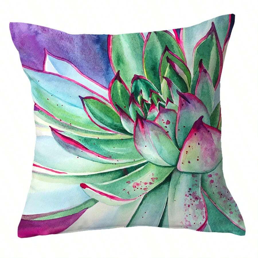 1pc Cactus Pattern Pillow Case, Fresh Oil Painting Style Square Pillow Cover, Suitable For Living Room, Bedroom Home Decoration, All Season Pillow Cover. Pillow Core Not Included. - Hot Pink - View 1
