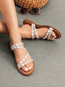 Women Slide Sandals Flat Sandals Slip On Open Toe Summer Slippers For Music Festivals Holiday Party - White - View 1