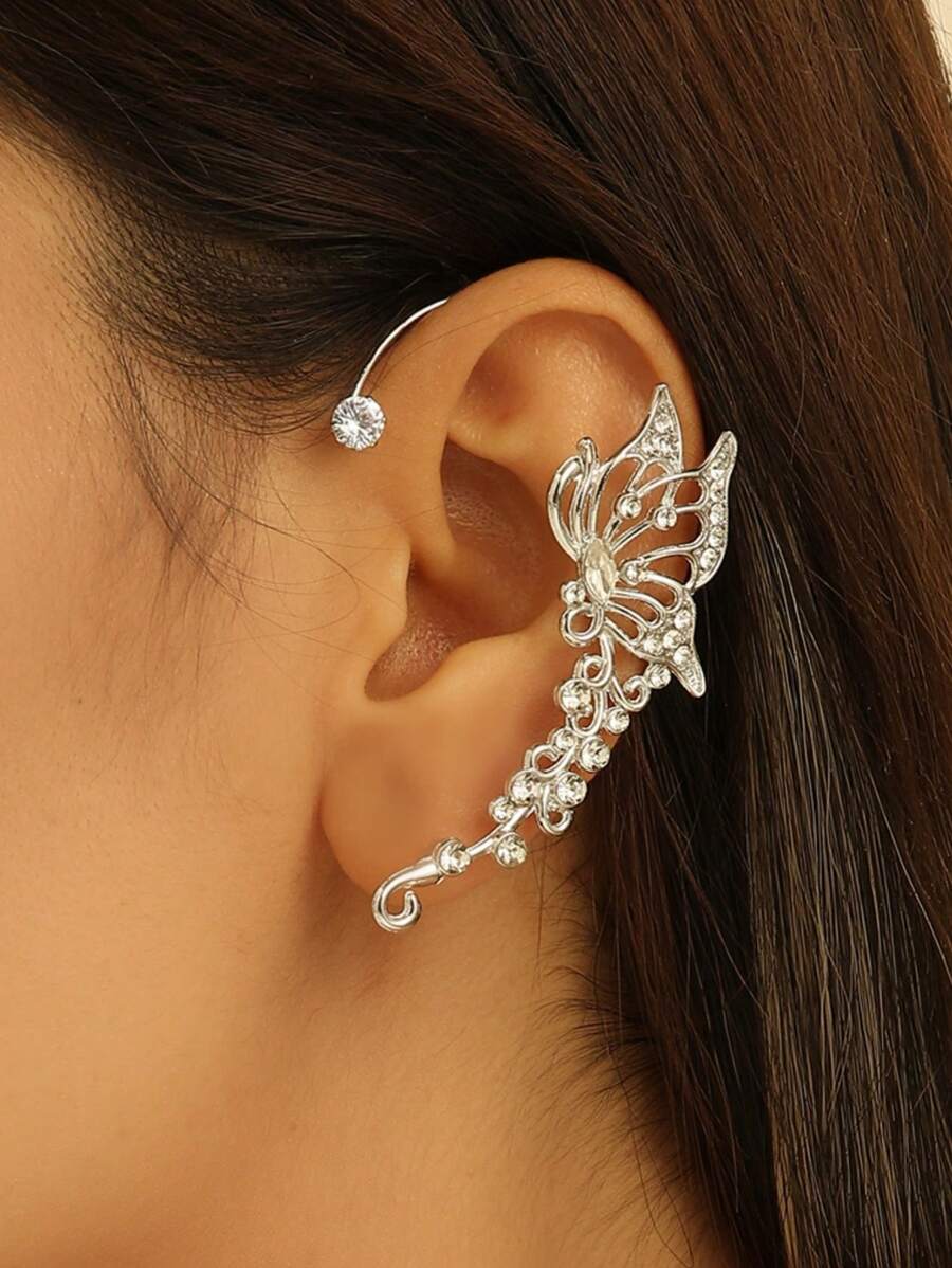 Đá lấp lánh Loại bướm Vòng bít tai Retro Không xỏ lỗ Fake Hoa tai Loại bướm Cánh Còng tai Đám cưới cô dâu Người leo núi Bọc tai Dạ hội Trái bóng Tai Đồ trang sức Đối với phụ nữ Cô gái - Bạc - Xem 1