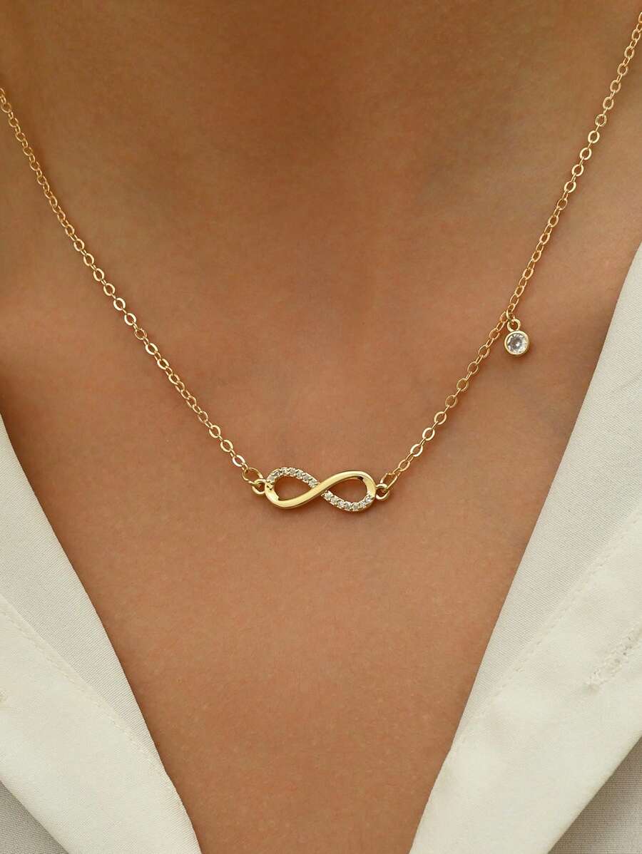 1pc Luxury Infinity Symbol Cubic Zirconia Inlaid Collarbone Chain Golden Women's Necklace - Yellow Gold - View 1