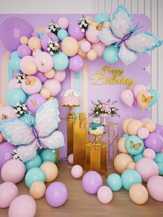 148入組蝴蝶氣球套裝,包括馬卡龍粉色的&紫色乳膠氣球,漸變粉色的蝴蝶,氣球鏈適合派對,生日裝飾