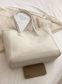 Litchi Pattern Soft Leather Large Capacity Daily Shoulder Tote Bag For Women - Beige - View 6