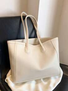 Litchi Pattern Soft Leather Large Capacity Daily Shoulder Tote Bag For Women - Beige - View 5