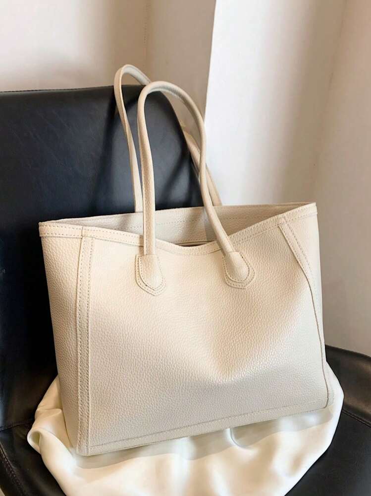 Litchi Pattern Soft Leather Large Capacity Daily Shoulder Tote Bag For Women - Beige - View 4