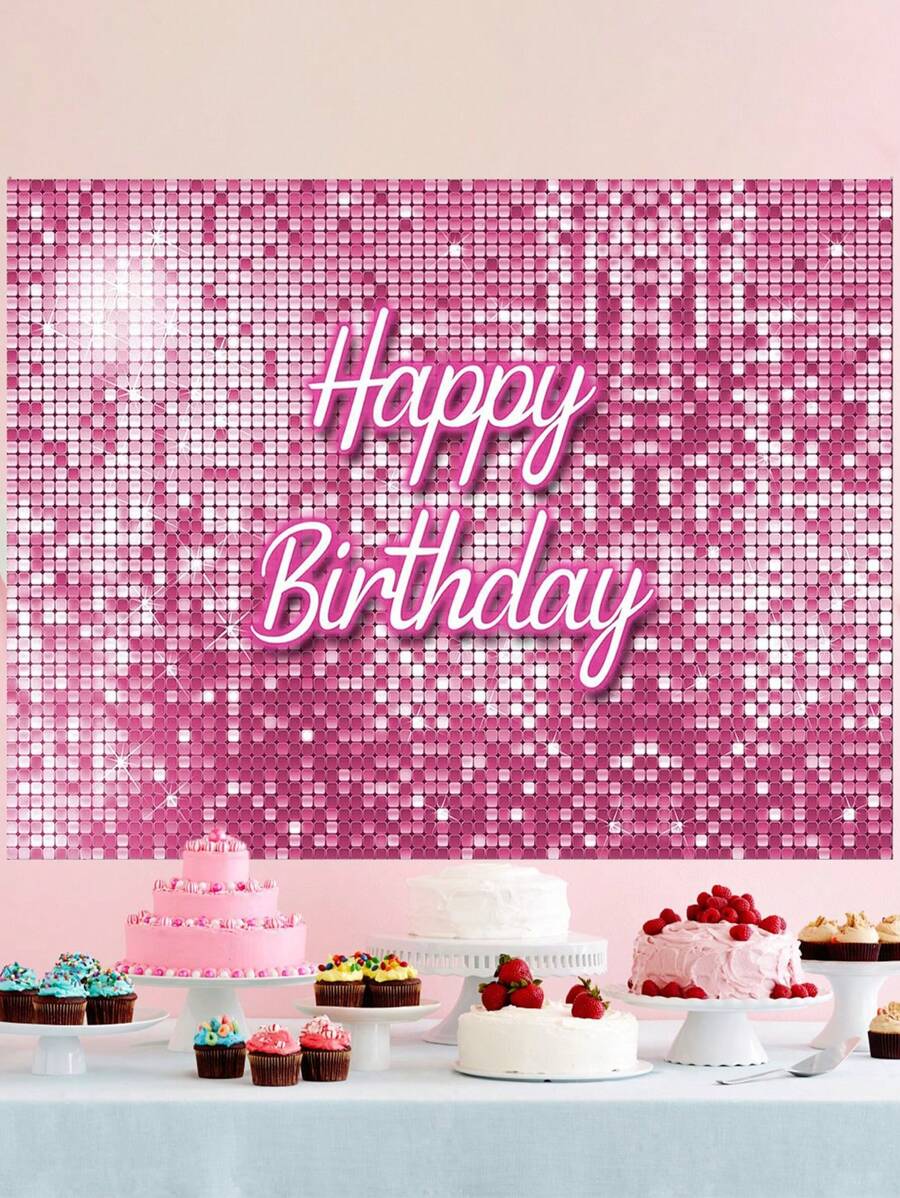 1 pieza Tela de fondo de neón con brillo rosa para feliz cumpleaños, disponible en varios tamaños, hecha de material de poliéster, adecuada para decoración de fiestas temáticas o de aniversario, utilizada como props para fotografías, Navidad - Rosa - Ver 1