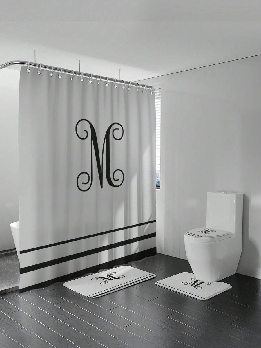 4入組簡約條紋圖案帶鉤淋浴簾套裝,防水淋浴簾,防滑浴墊,馬桶蓋和u形地墊,浴室配件套裝 - 彩色 - 查看 1