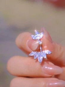 1pc 316l Stainless Steel Navel Ring, With Shiny White Heart Or Leaf Shaped Decoration, Perfect Accessory For Women's Parties Or Music Festivals, As A Festive Gift. Valentines - Silver - View 13