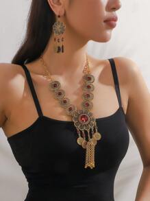 3pcs/Set Metallic Fan Shaped Hollow Out Pendant Necklace With Rhinestone Decoration, Random Color - Vintage Necklace Set - View 7